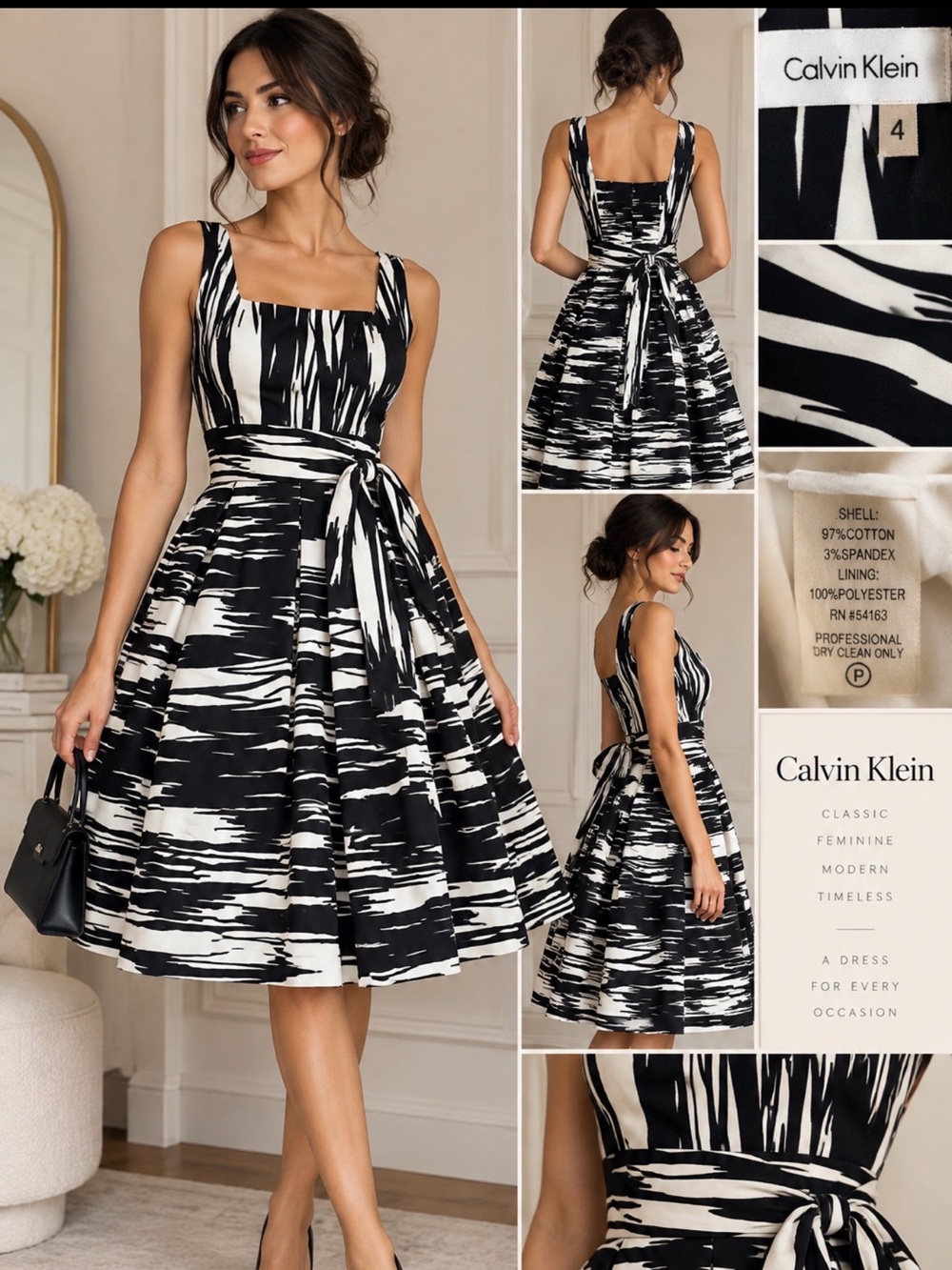 Calvin Klein Rockabilly Pinup Fit & Flare Pleated Dress 4 50’s Inspired